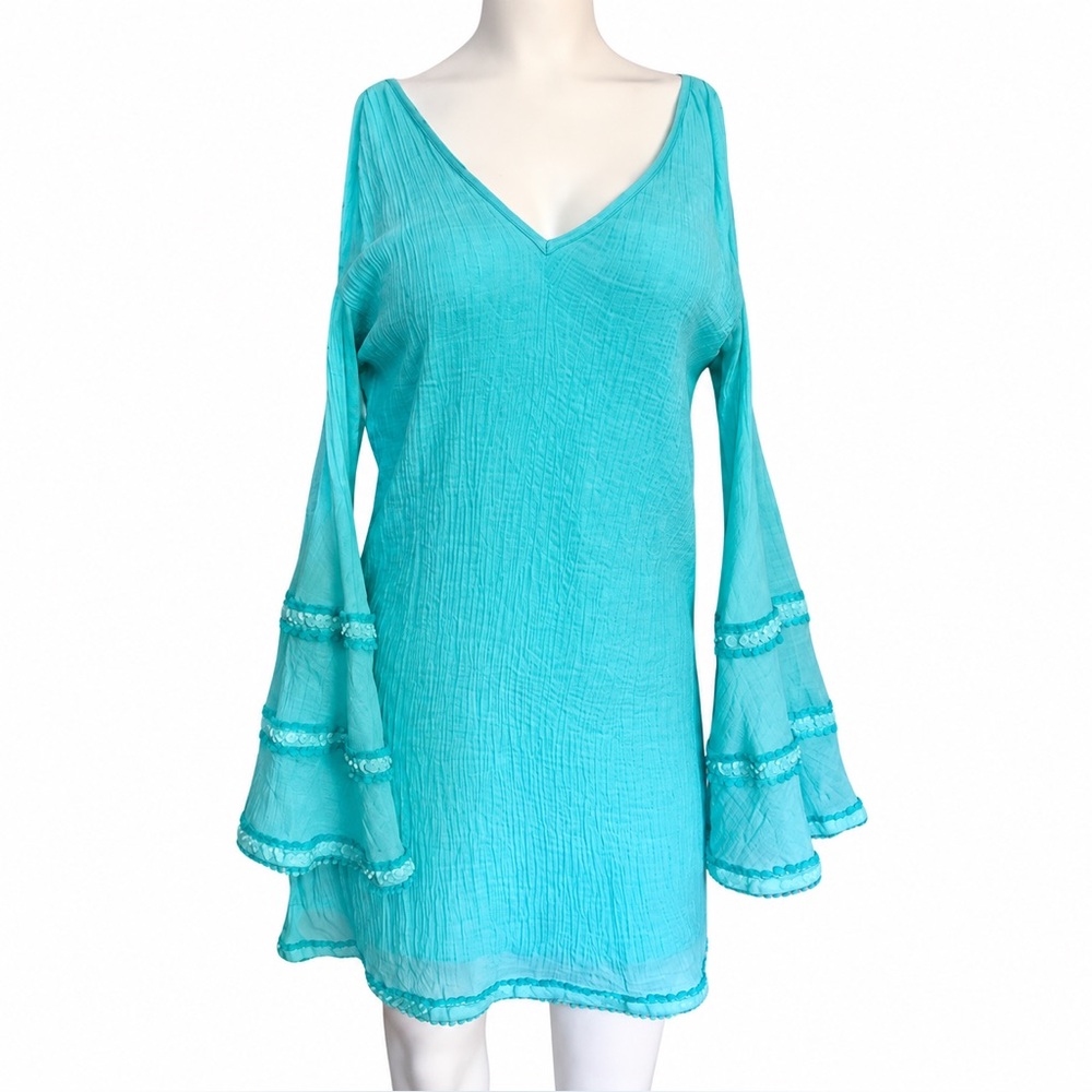 Union of Angels Aqua Silk Blend Cold Shoulder Bell Sleeve Dress M